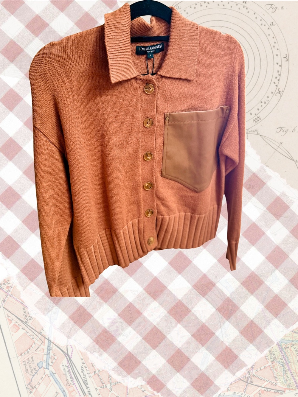 Central Park West Rust Button-Up Cardigan with Faux-Leather Pocket